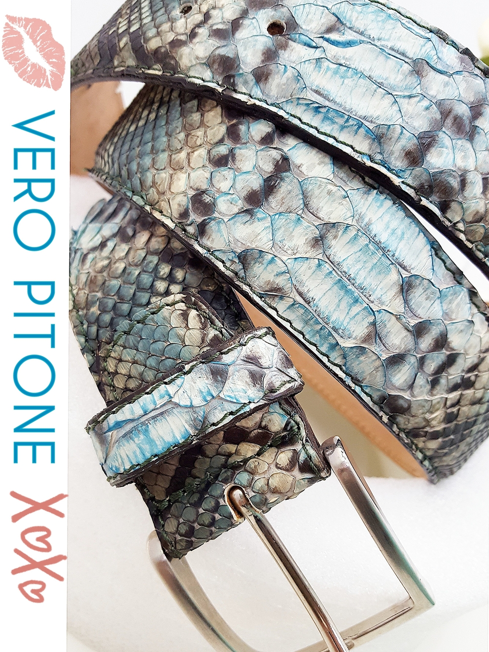 RARE!💋Vero Pitone🌵Italian Hand-Made Blue Brown Python skin Leather Belt